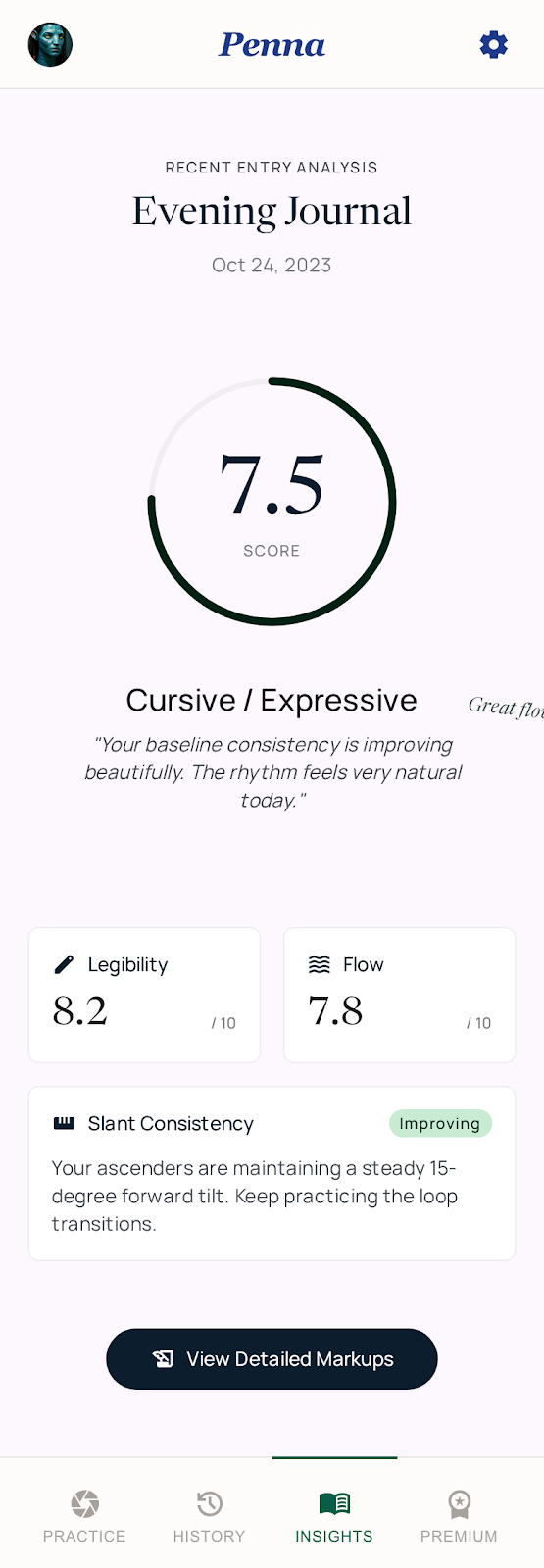 Penna handwriting analysis screen showing a 7.5 score with Cursive / Expressive feedback and Legibility, Flow, and Slant consistency breakdowns.